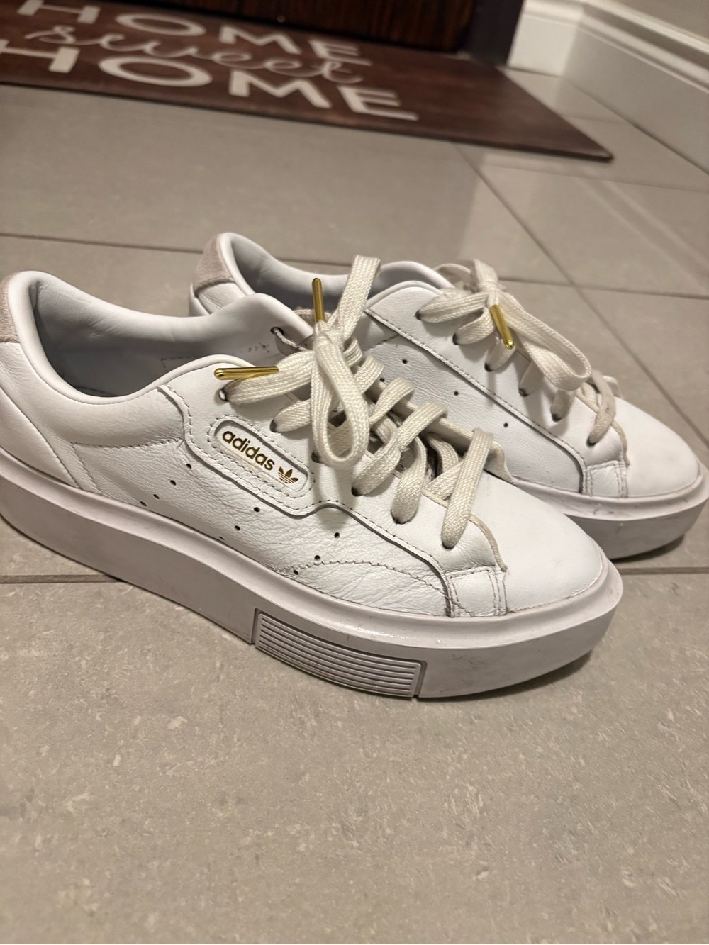 adidas White Leather Platform Sneakers with Gold Eyelets